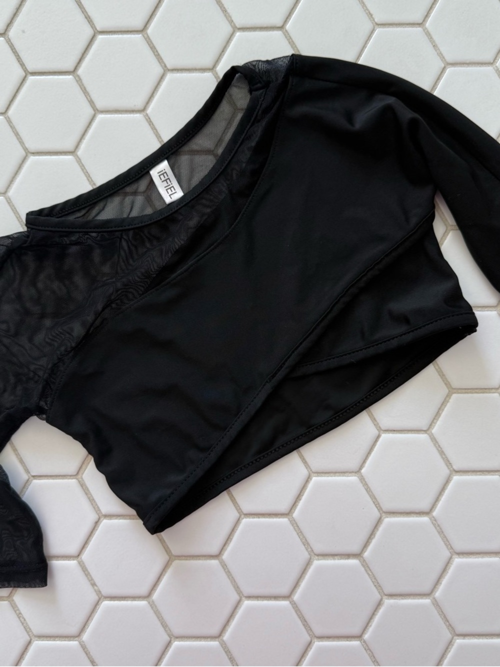 Black Mesh-Detail Long Sleeve Bandeau Top for Kids